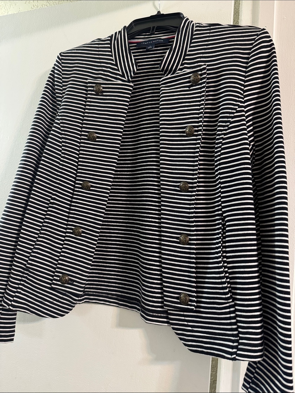 Tommy Hilfiger Black and White Striped Military-Inspired Blazer